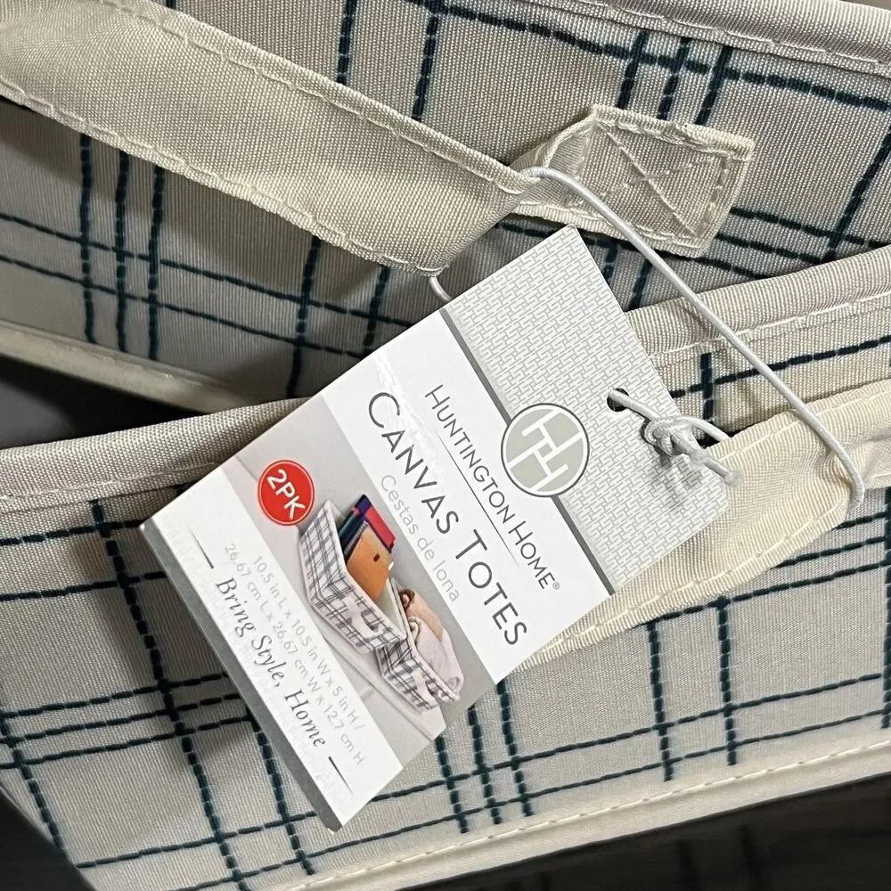 Aldi Huntington Home Canvas Totes 2PK Beige Storage Baskets Plaid Handles Small